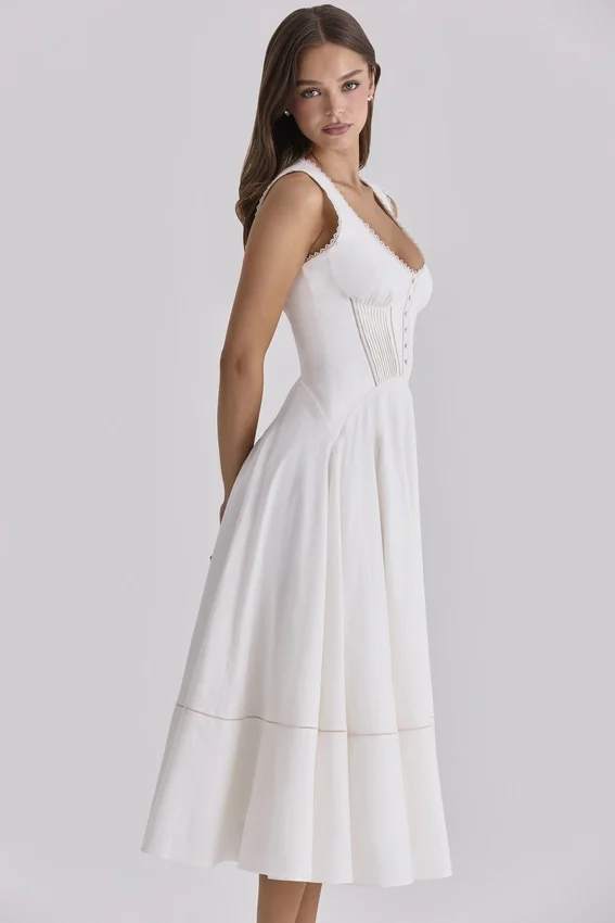 Solana White Cotton Waist Cinch Midi Sundress Solana White Cotton Waist Cinch Midi Sundress