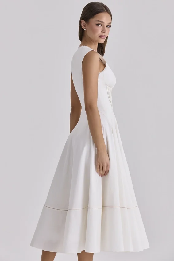 Solana White Cotton Waist Cinch Midi Sundress Solana White Cotton Waist Cinch Midi Sundress