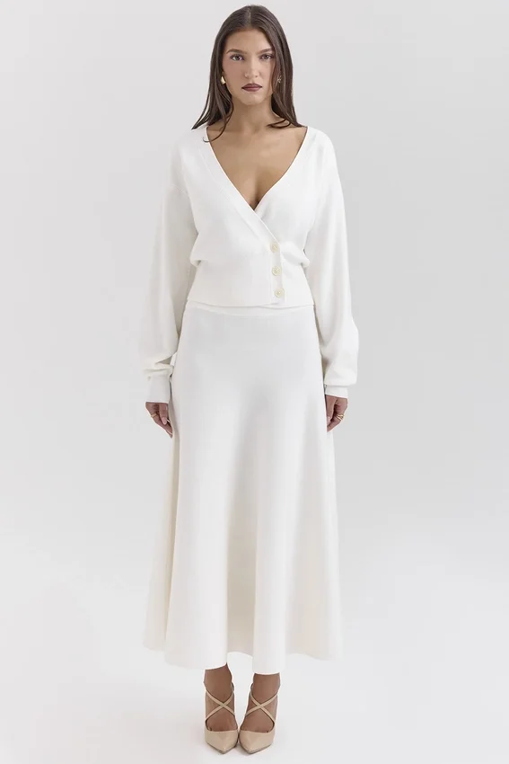 Solara Ivory Wool Mix Flared Midi Skirt Solara Ivory Wool Mix Flared Midi Skirt