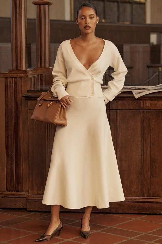 Solara Ivory Wool Mix Flared Midi Skirt Solara Ivory Wool Mix Flared Midi Skirt