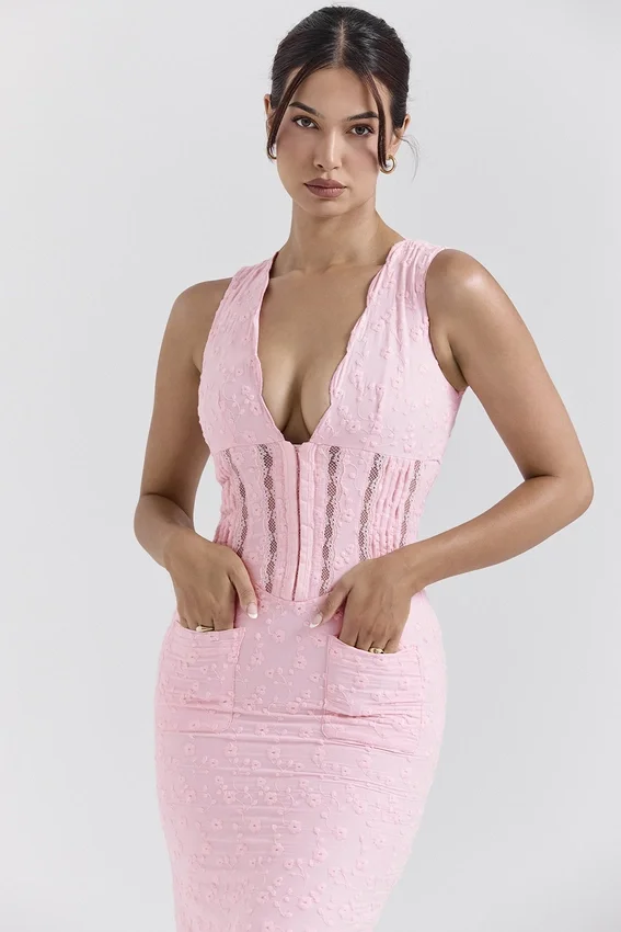 Sophina Perfectly Pink Broderie Anglais Plunge Maxi Dress Sophina Perfectly Pink Broderie Anglais Plunge Maxi Dress