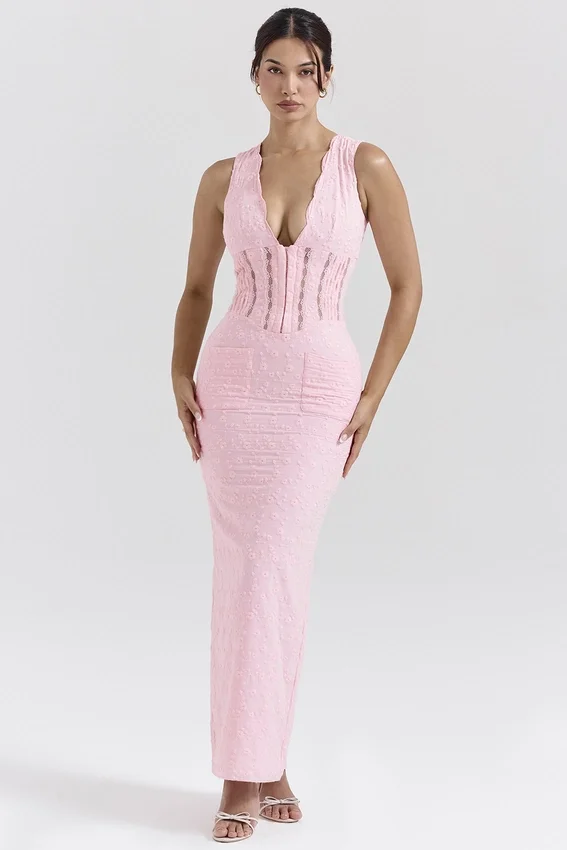 Sophina Perfectly Pink Broderie Anglais Plunge Maxi Dress Sophina Perfectly Pink Broderie Anglais Plunge Maxi Dress
