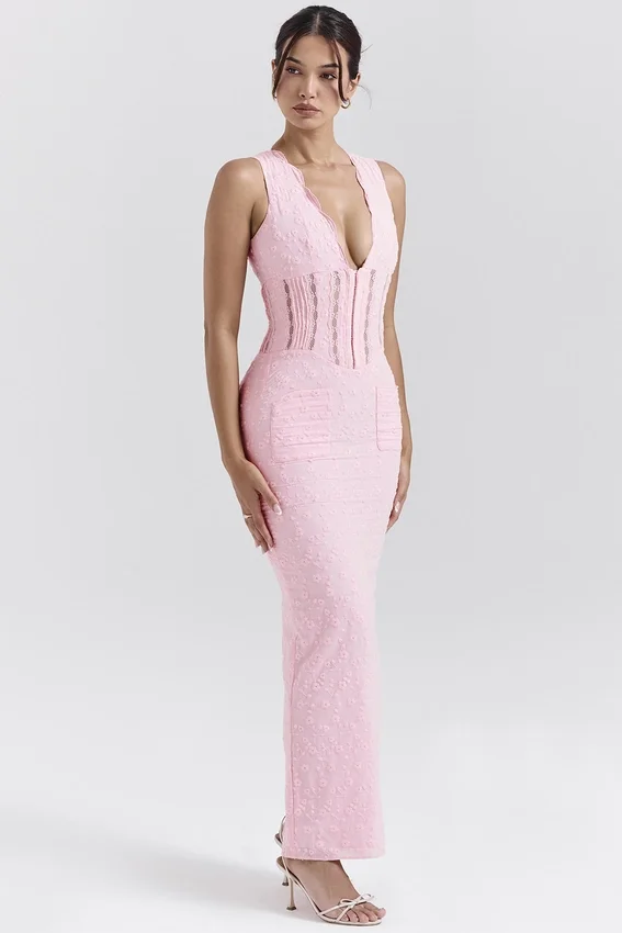 Sophina Perfectly Pink Broderie Anglais Plunge Maxi Dress Sophina Perfectly Pink Broderie Anglais Plunge Maxi Dress