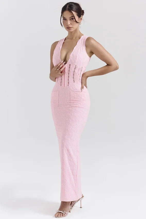 Sophina Perfectly Pink Broderie Anglais Plunge Maxi Dress Sophina Perfectly Pink Broderie Anglais Plunge Maxi Dress