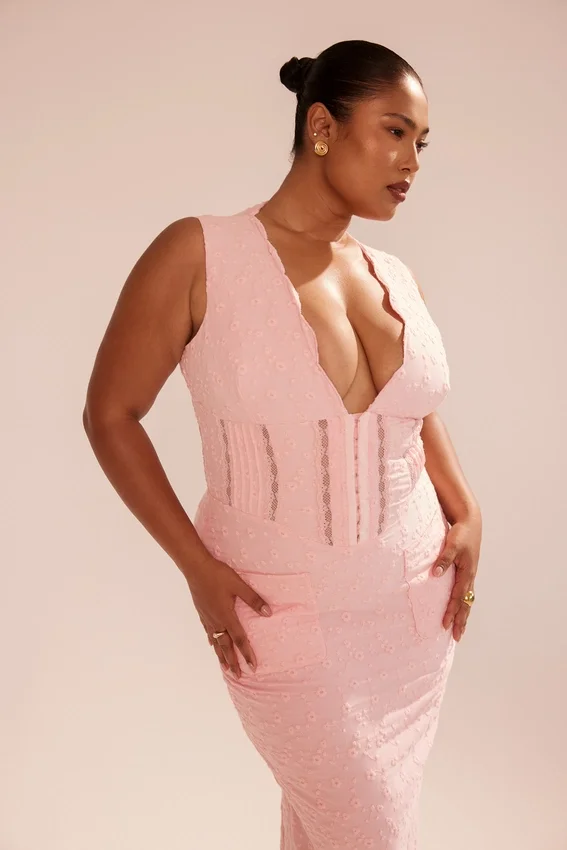 Sophina Perfectly Pink Broderie Anglais Plunge Maxi Dress Sophina Perfectly Pink Broderie Anglais Plunge Maxi Dress