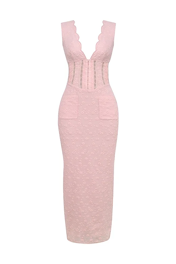 Sophina Perfectly Pink Broderie Anglais Plunge Maxi Dress Sophina Perfectly Pink Broderie Anglais Plunge Maxi Dress