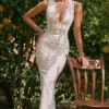 Sophina White Cotton Broderie Anglais Plunge Maxi Dress Sophina White Cotton Broderie Anglais Plunge Maxi Dress