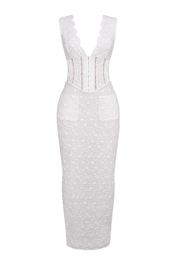 Sophina White Cotton Broderie Anglais Plunge Maxi Dress Sophina White Cotton Broderie Anglais Plunge Maxi Dress