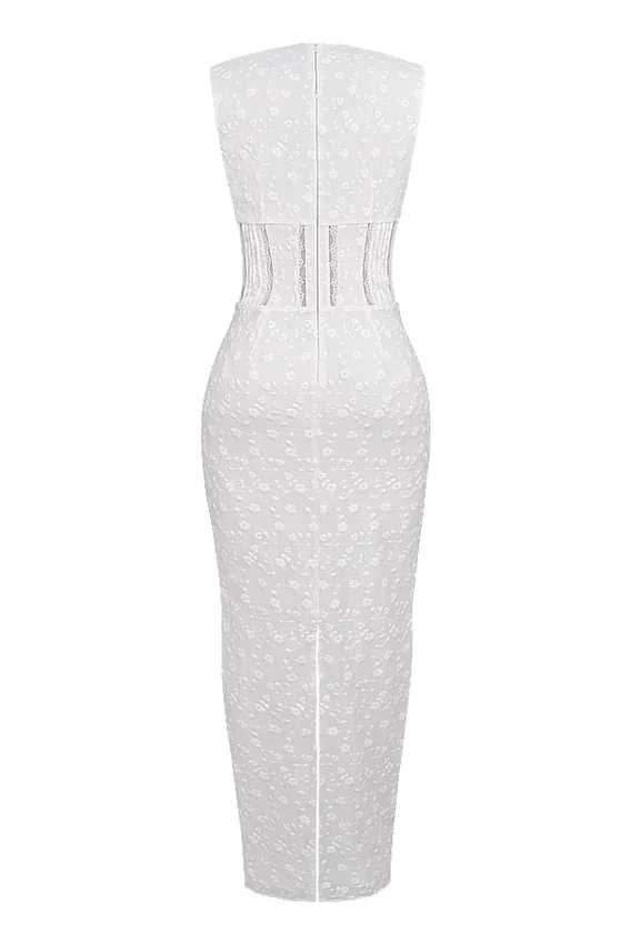 Sophina White Cotton Broderie Anglais Plunge Maxi Dress Sophina White Cotton Broderie Anglais Plunge Maxi Dress