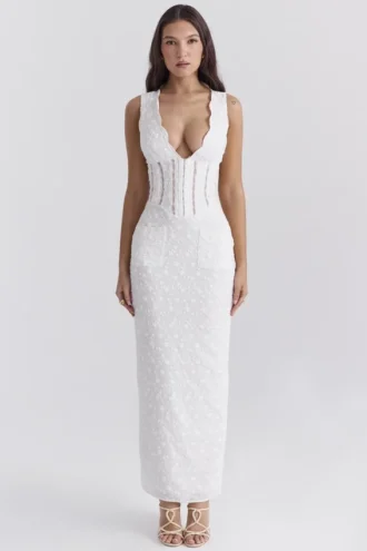 Sophina White Cotton Broderie Anglais Plunge Maxi Dress