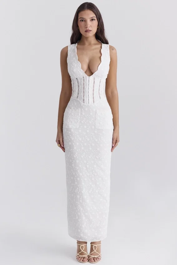 Sophina White Cotton Broderie Anglais Plunge Maxi Dress Sophina White Cotton Broderie Anglais Plunge Maxi Dress