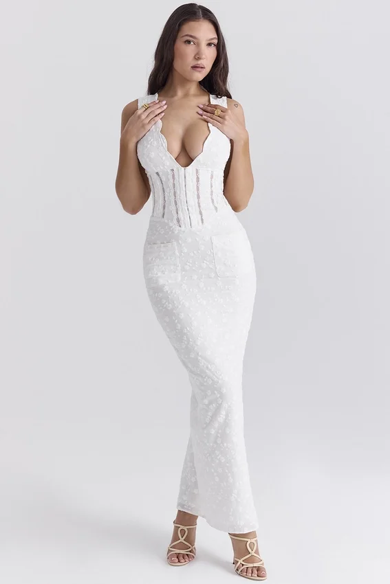 Sophina White Cotton Broderie Anglais Plunge Maxi Dress Sophina White Cotton Broderie Anglais Plunge Maxi Dress