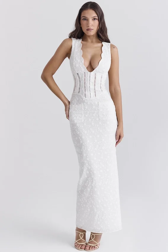 Sophina White Cotton Broderie Anglais Plunge Maxi Dress Sophina White Cotton Broderie Anglais Plunge Maxi Dress
