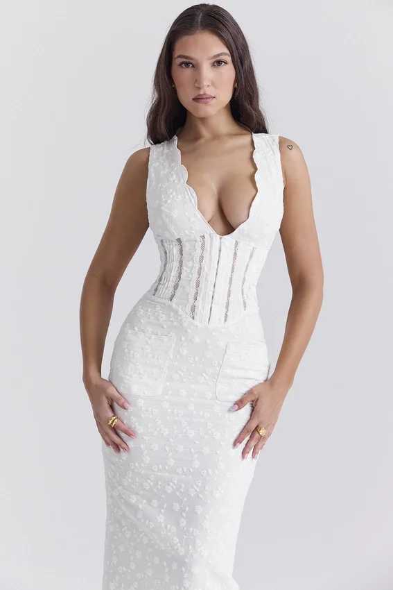 Sophina White Cotton Broderie Anglais Plunge Maxi Dress Sophina White Cotton Broderie Anglais Plunge Maxi Dress