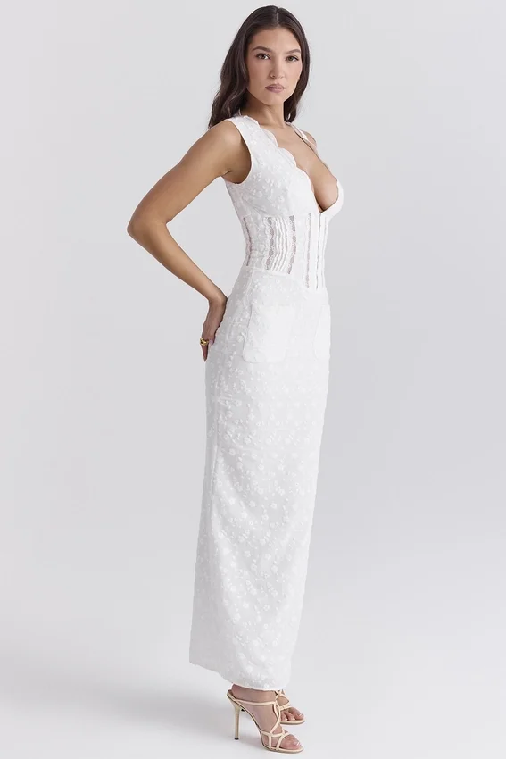 Sophina White Cotton Broderie Anglais Plunge Maxi Dress Sophina White Cotton Broderie Anglais Plunge Maxi Dress