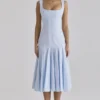Soretta Blue Pleated Lace Up Cotton Midi Dress Soretta Blue Pleated Lace Up Cotton Midi Dress