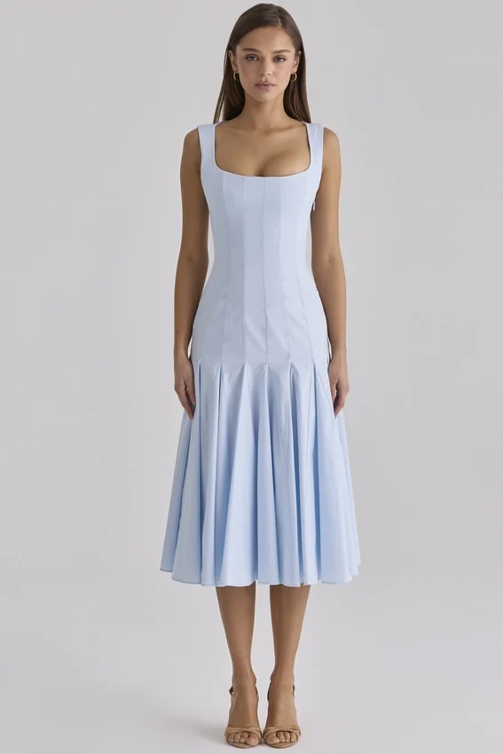 Soretta Blue Pleated Lace Up Cotton Midi Dress Soretta Blue Pleated Lace Up Cotton Midi Dress
