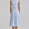 Soretta Blue Pleated Lace Up Cotton Midi Dress Soretta Blue Pleated Lace Up Cotton Midi Dress