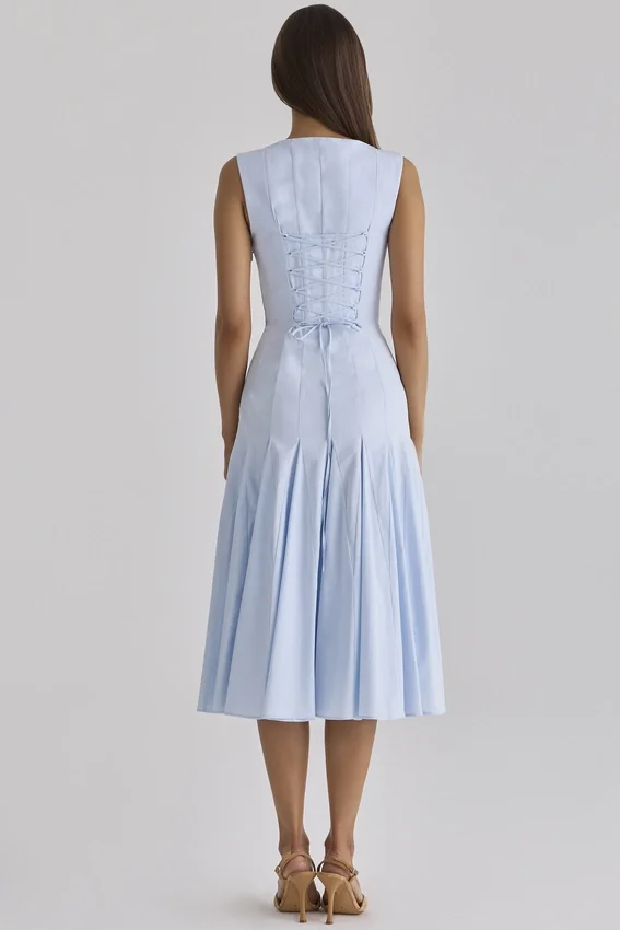 Soretta Blue Pleated Lace Up Cotton Midi Dress Soretta Blue Pleated Lace Up Cotton Midi Dress