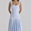 Soretta Blue Pleated Lace Up Cotton Midi Dress Soretta Blue Pleated Lace Up Cotton Midi Dress