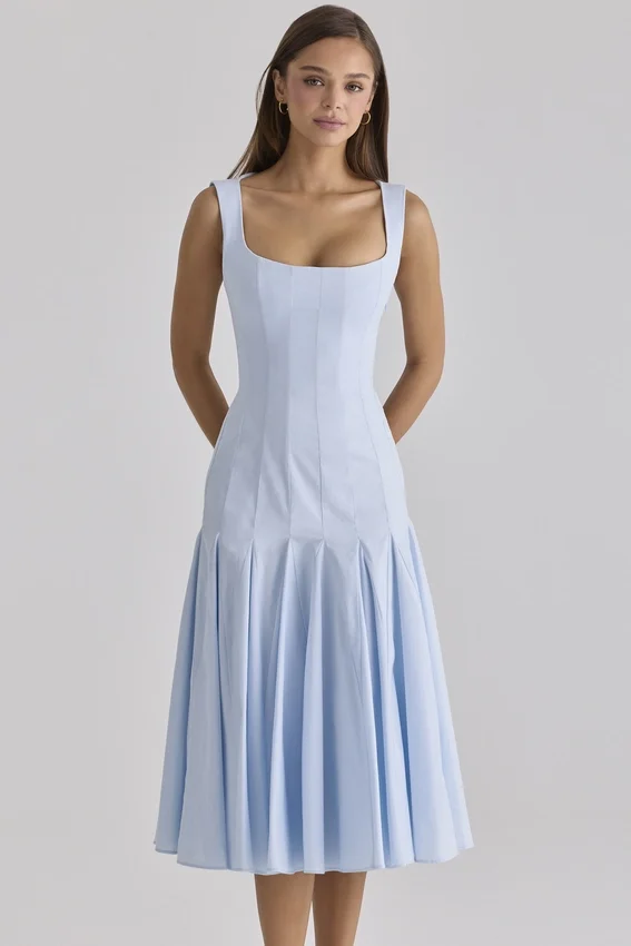 Soretta Blue Pleated Lace Up Cotton Midi Dress Soretta Blue Pleated Lace Up Cotton Midi Dress