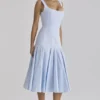 Soretta Blue Pleated Lace Up Cotton Midi Dress Soretta Blue Pleated Lace Up Cotton Midi Dress