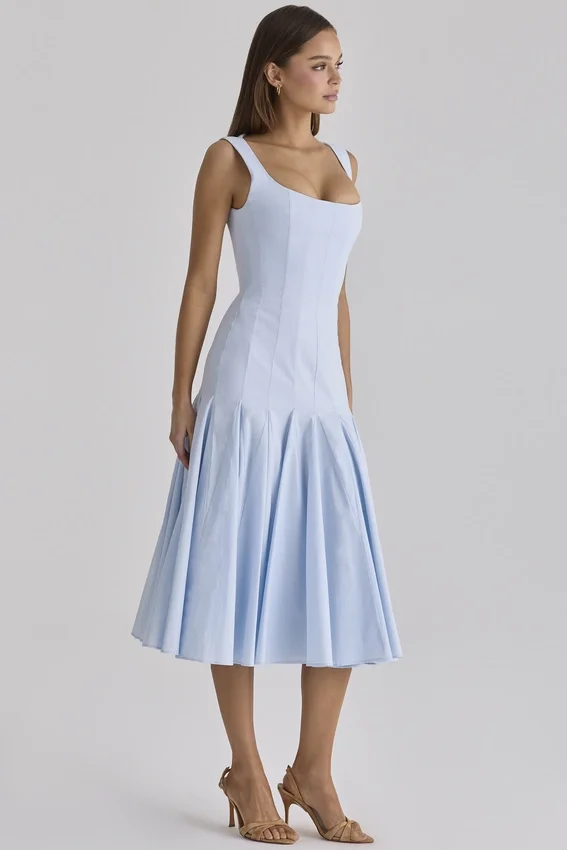 Soretta Blue Pleated Lace Up Cotton Midi Dress Soretta Blue Pleated Lace Up Cotton Midi Dress