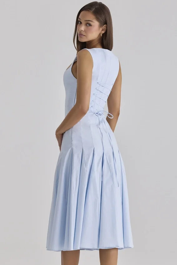 Soretta Blue Pleated Lace Up Cotton Midi Dress Soretta Blue Pleated Lace Up Cotton Midi Dress