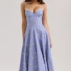 Steffani Blue Daisy Print Stretch Cotton Midi Sundress