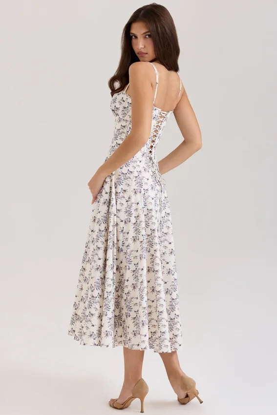 Steffani Cream Stretch Cotton Floral Print Midi Sundress Steffani Cream Stretch Cotton Floral Print Midi Sundress