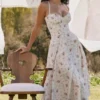 Steffani White Stretch Cotton Rose Print Midi Sundress