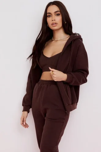 Storm Chocolate Cotton Fleece-Back Zip Through Hoodie