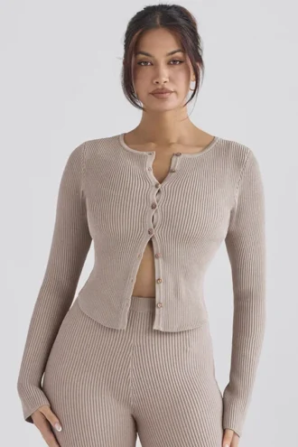 Sylvia Taupe Ribbed Knit Cardigan Sylvia Taupe Ribbed Knit Cardigan