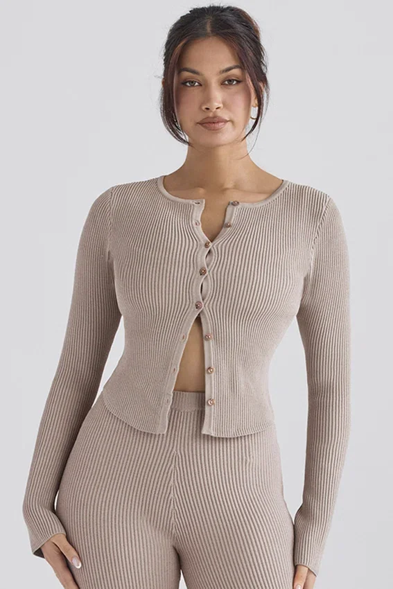 Sylvia Taupe Ribbed Knit Cardigan Sylvia Taupe Ribbed Knit Cardigan