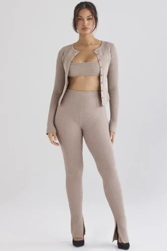 Sylvia Taupe Ribbed Knit Cardigan Sylvia Taupe Ribbed Knit Cardigan