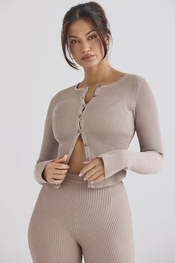 Sylvia Taupe Ribbed Knit Cardigan Sylvia Taupe Ribbed Knit Cardigan