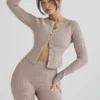 Sylvia Taupe Ribbed Knit Cardigan Sylvia Taupe Ribbed Knit Cardigan