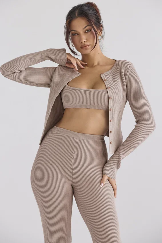 Sylvia Taupe Ribbed Knit Cardigan Sylvia Taupe Ribbed Knit Cardigan
