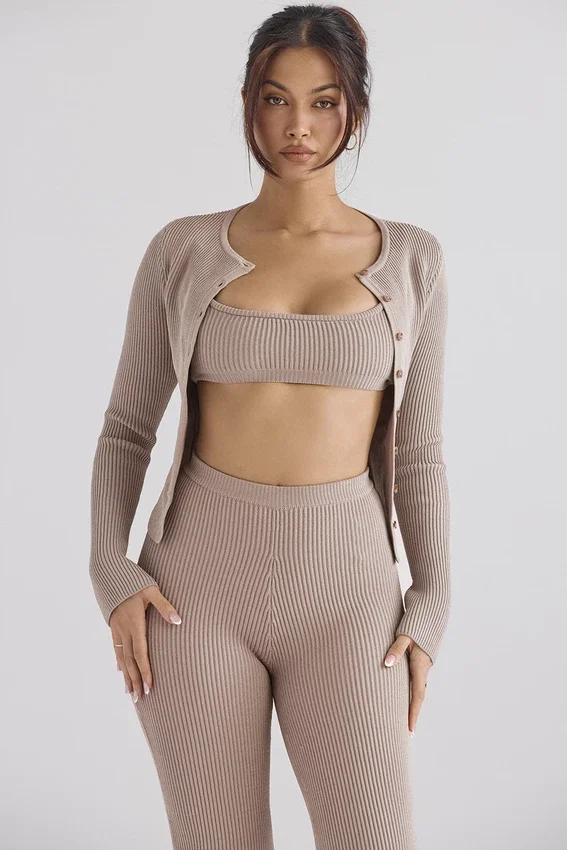 Sylvia Taupe Ribbed Knit Cardigan Sylvia Taupe Ribbed Knit Cardigan