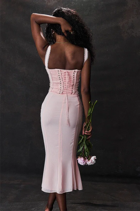 Syrah Soft Peach Lace Back Midi Dress Syrah Soft Peach Lace Back Midi Dress