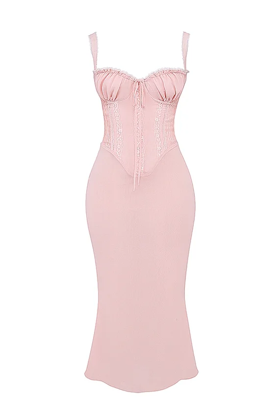 Syrah Soft Peach Lace Back Midi Dress Syrah Soft Peach Lace Back Midi Dress