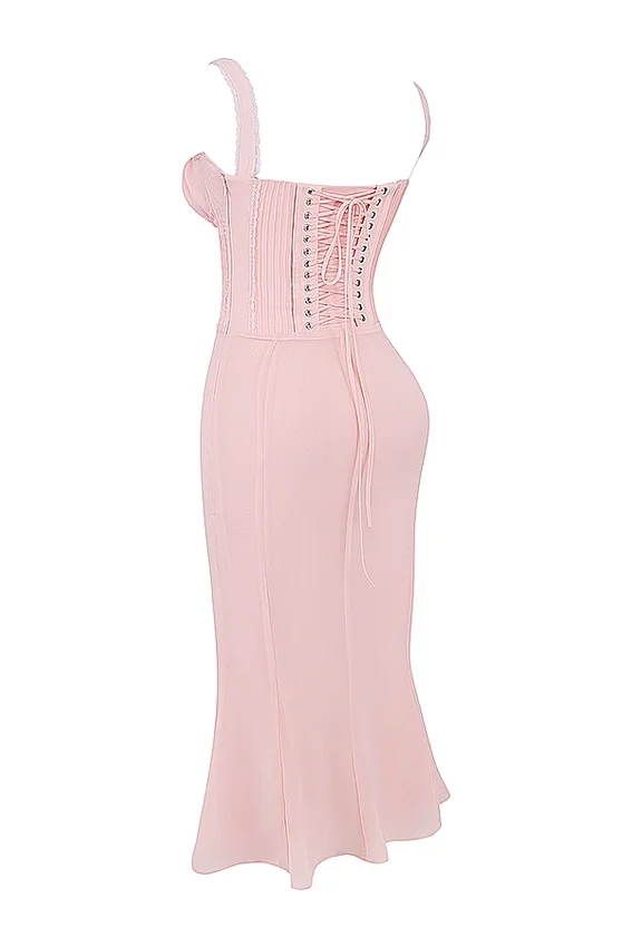 Syrah Soft Peach Lace Back Midi Dress Syrah Soft Peach Lace Back Midi Dress