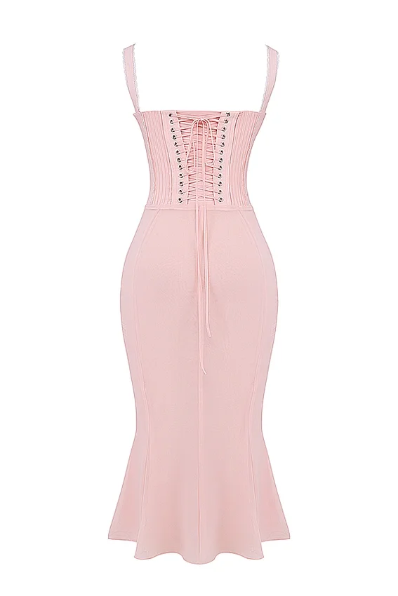 Syrah Soft Peach Lace Back Midi Dress Syrah Soft Peach Lace Back Midi Dress