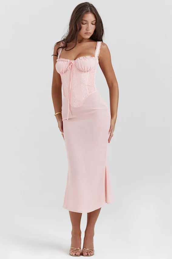 Syrah Soft Peach Lace Back Midi Dress Syrah Soft Peach Lace Back Midi Dress