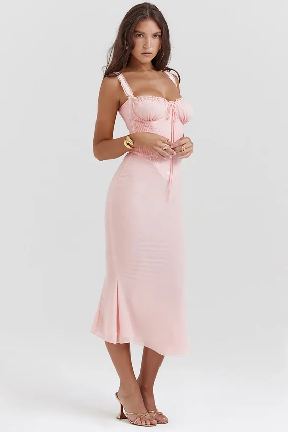 Syrah Soft Peach Lace Back Midi Dress Syrah Soft Peach Lace Back Midi Dress