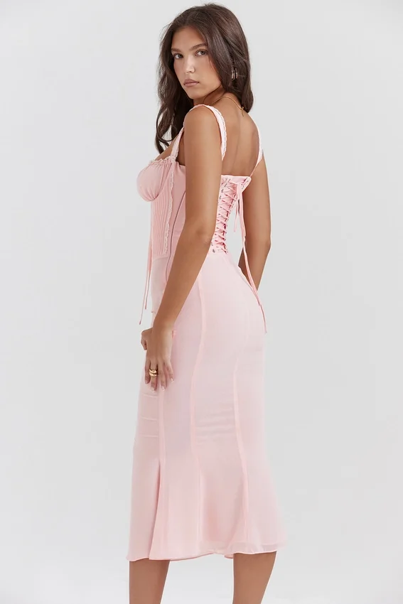 Syrah Soft Peach Lace Back Midi Dress Syrah Soft Peach Lace Back Midi Dress