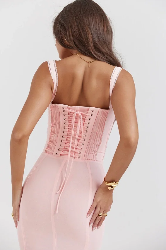 Syrah Soft Peach Lace Back Midi Dress Syrah Soft Peach Lace Back Midi Dress