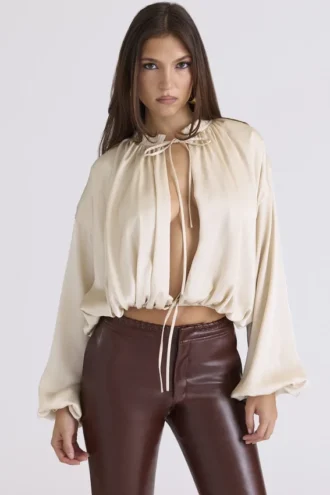 Talia Ecru Satin Open Front Blouse Talia Ecru Satin Open Front Blouse