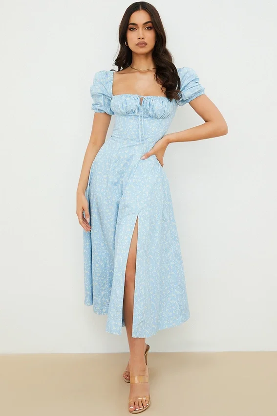 Tallulah Blue Ivory Floral Puff Sleeve Midi Dress Tallulah Blue Ivory Floral Puff Sleeve Midi Dress