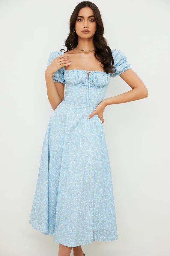 Tallulah Blue Ivory Floral Puff Sleeve Midi Dress Tallulah Blue Ivory Floral Puff Sleeve Midi Dress